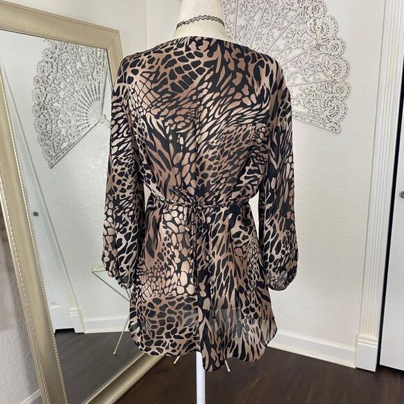 Early 2000's Euro Animal Print Cheetah Black Sequin Babydoll Blouse Top L - Picture 4 of 8